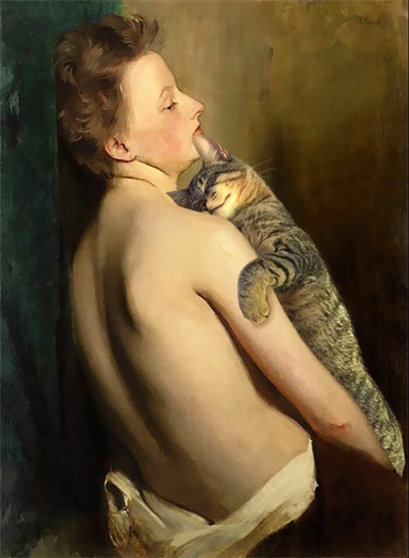 The artist made the paintings of the old masters even better by adding cats there The artist made the paintings of the old masters even better by adding cats there