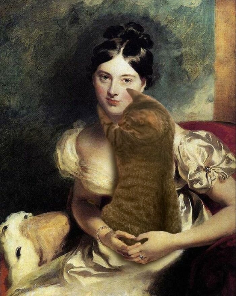 The artist made the paintings of the old masters even better by adding cats there The artist made the paintings of the old masters even better by adding cats there
