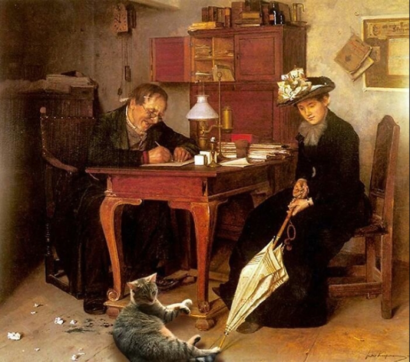 The artist made the paintings of the old masters even better by adding cats there The artist made the paintings of the old masters even better by adding cats there