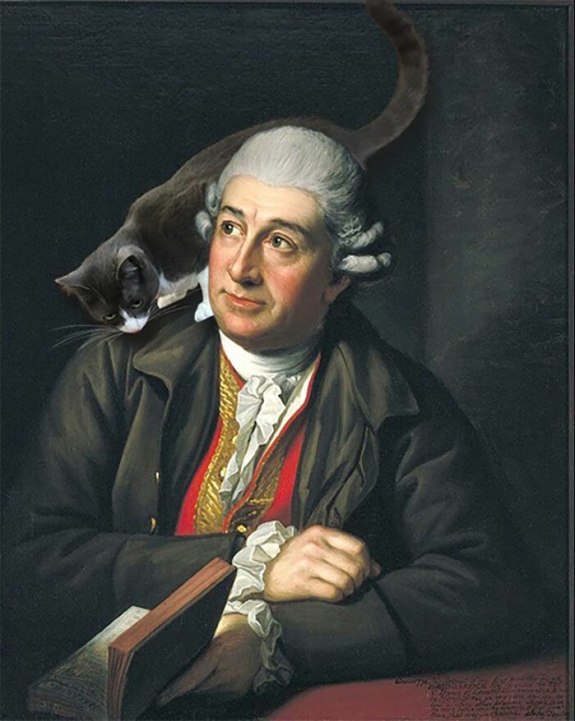 The artist made the paintings of the old masters even better by adding cats there The artist made the paintings of the old masters even better by adding cats there