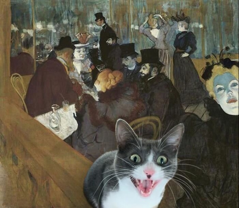 The artist made the paintings of the old masters even better by adding cats there The artist made the paintings of the old masters even better by adding cats there