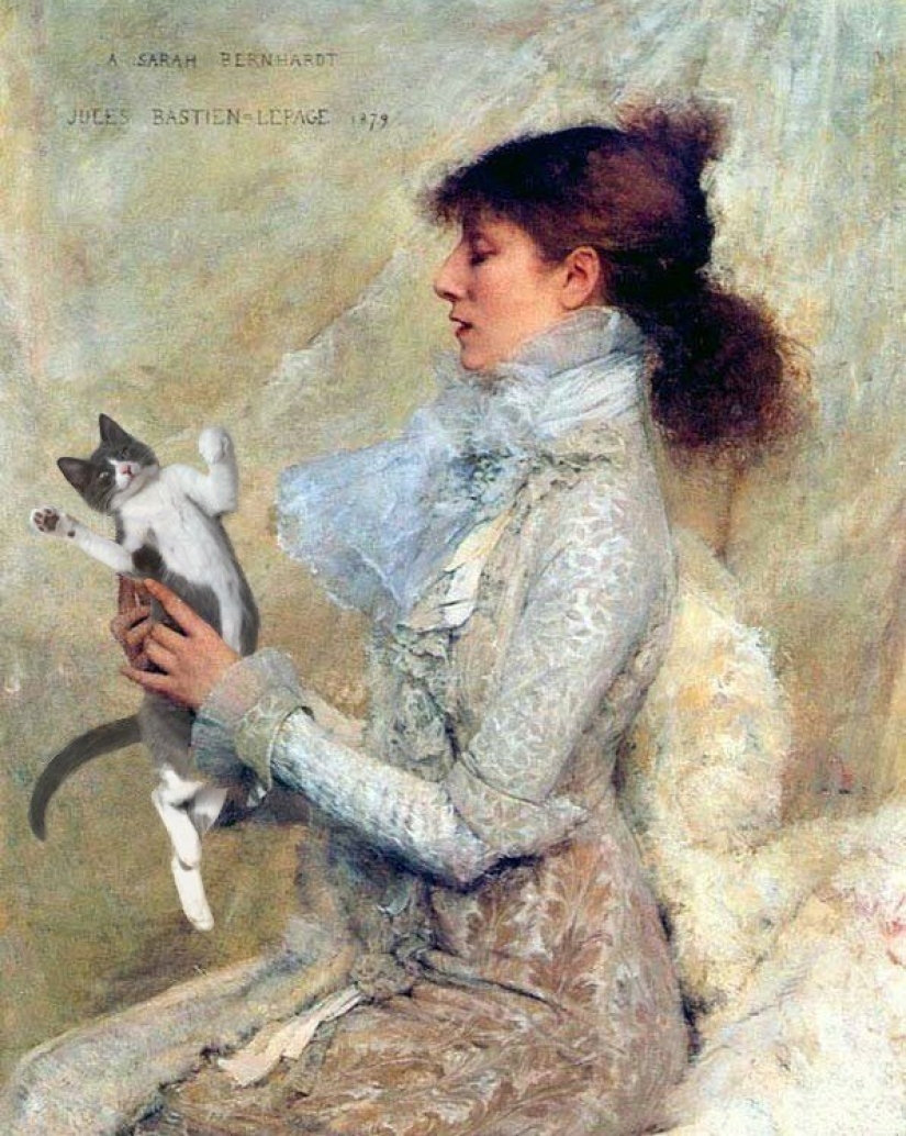 The artist made the paintings of the old masters even better by adding cats there The artist made the paintings of the old masters even better by adding cats there