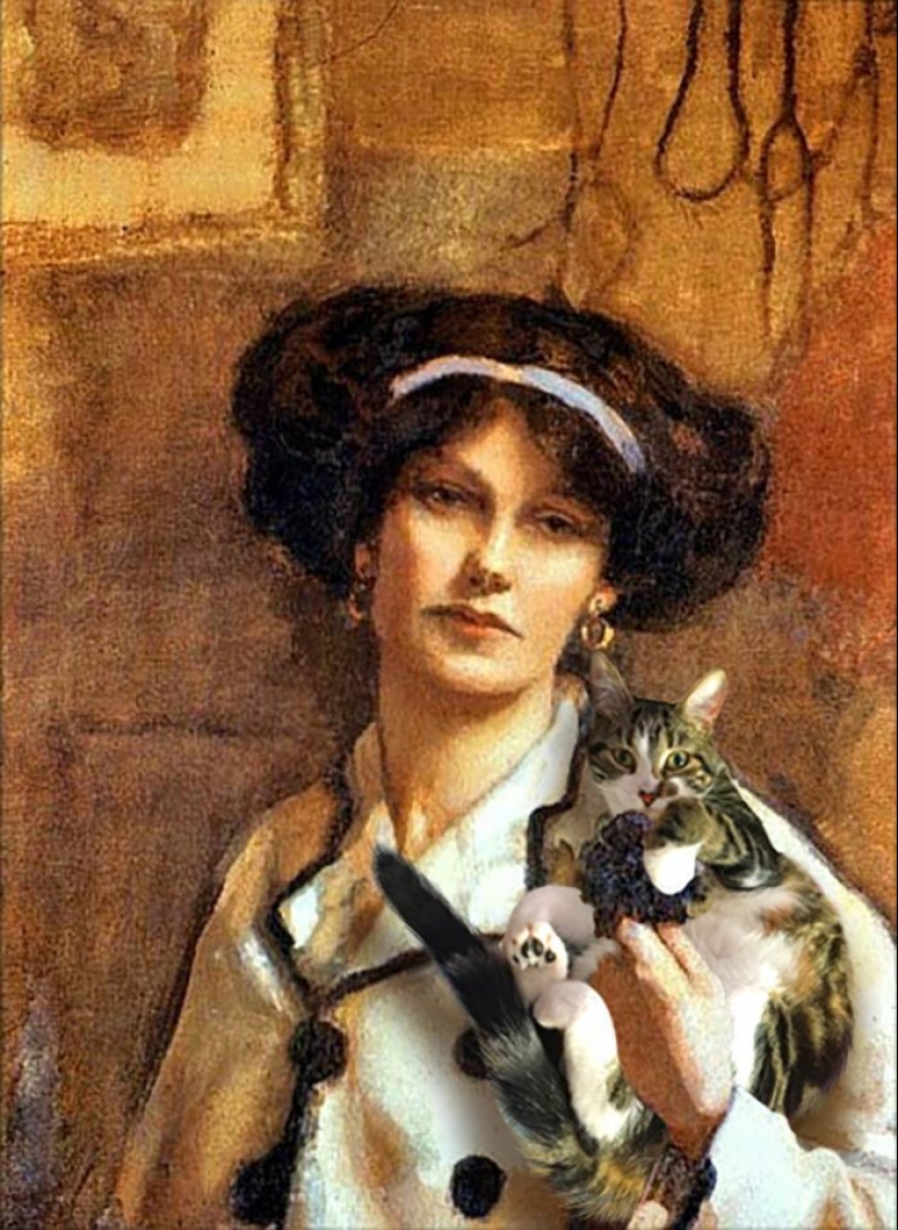 The artist made the paintings of the old masters even better by adding cats there The artist made the paintings of the old masters even better by adding cats there