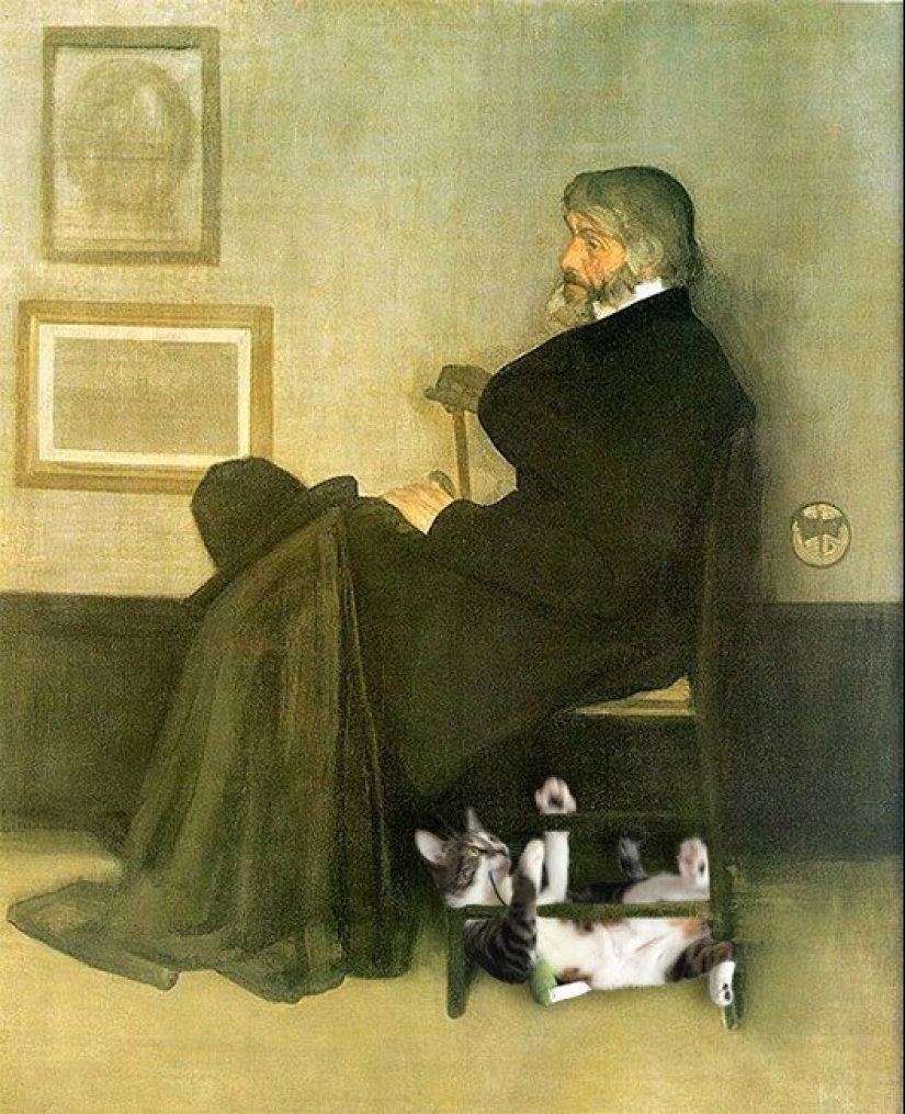 The artist made the paintings of the old masters even better by adding cats there The artist made the paintings of the old masters even better by adding cats there