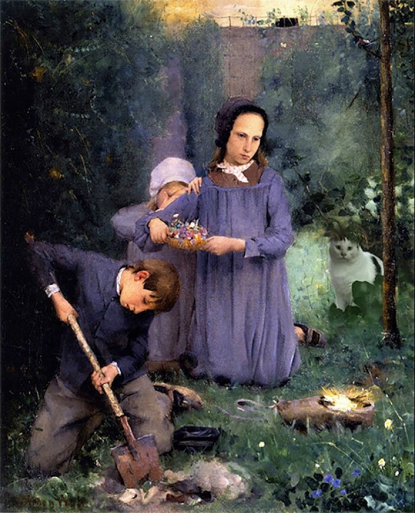 The artist made the paintings of the old masters even better by adding cats there The artist made the paintings of the old masters even better by adding cats there