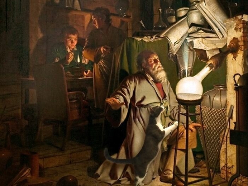 The artist made the paintings of the old masters even better by adding cats there The artist made the paintings of the old masters even better by adding cats there