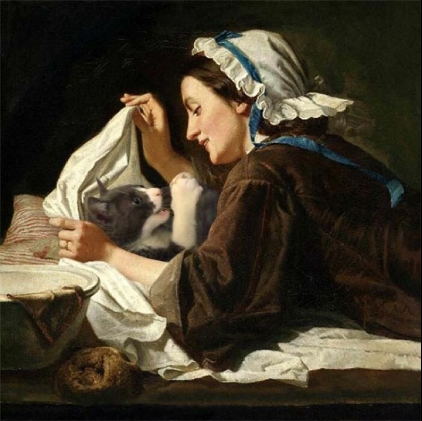 The artist made the paintings of the old masters even better by adding cats there The artist made the paintings of the old masters even better by adding cats there