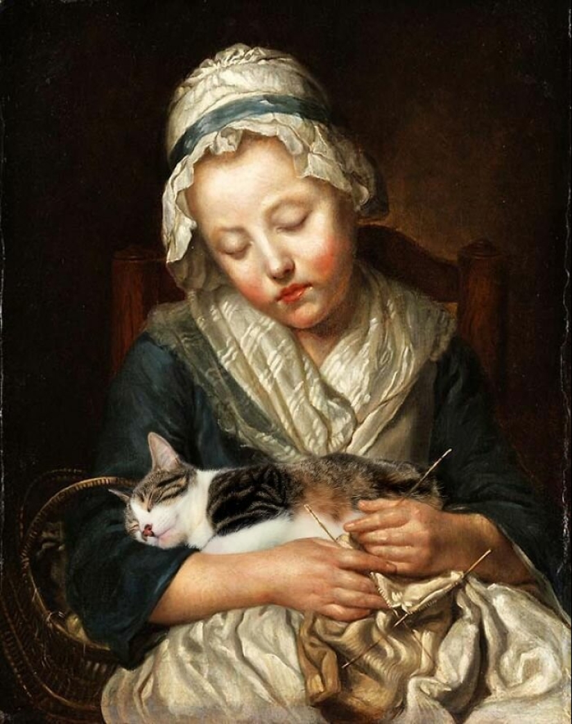 The artist made the paintings of the old masters even better by adding cats there The artist made the paintings of the old masters even better by adding cats there