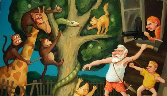 "The attack of African animals on a good peasant" and other psychedelic paintings by Nikolai Hapilov