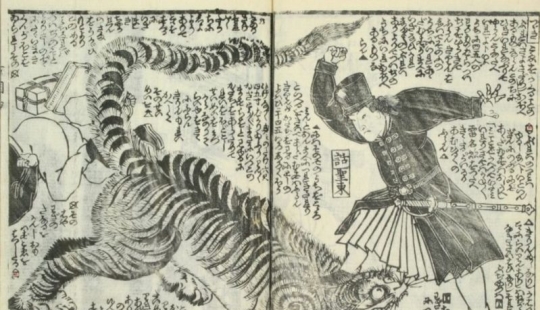 The goddess of America, the fairy of the mountain, and Washington defeating the Tiger: vintage manga on the theme of US history