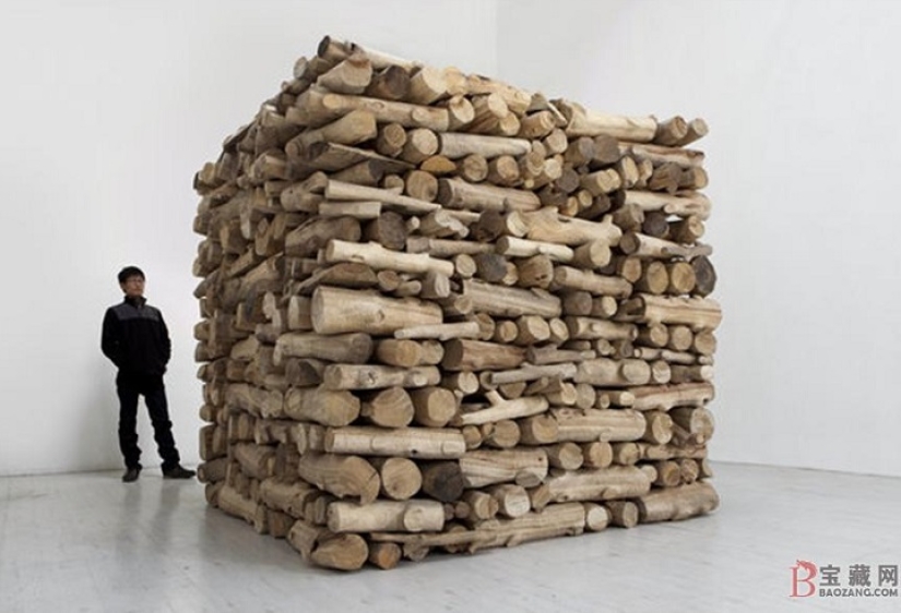 There is grass in the yard, firewood on the grass