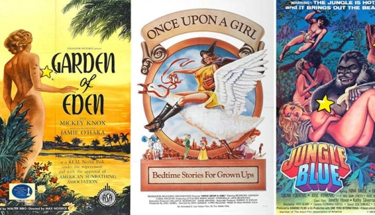 Viejos carteles de películas porno, similares a anuncios de películas de aventura y melodramas Viejos carteles de películas porno, similares a anuncios de películas de aventura y melodramas