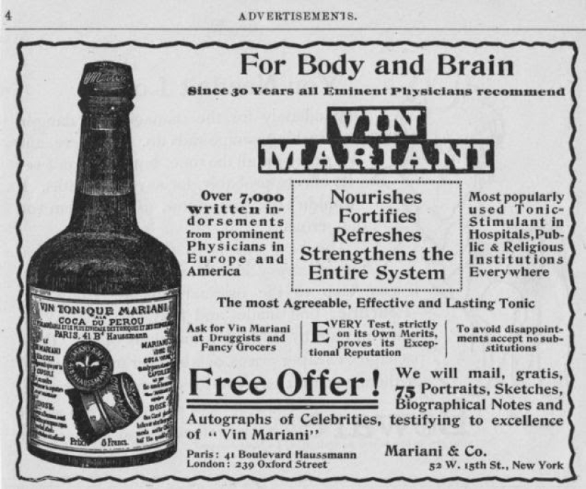 Vin Mariani — wine with cocaine, which was drunk by Popes, writers and politicians Vin Mariani — wine with cocaine, which was drunk by Popes, writers and politicians