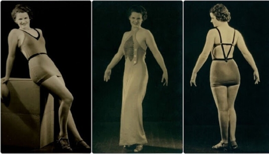 What women's swimwear from a fashion designer of the 1930s looked like