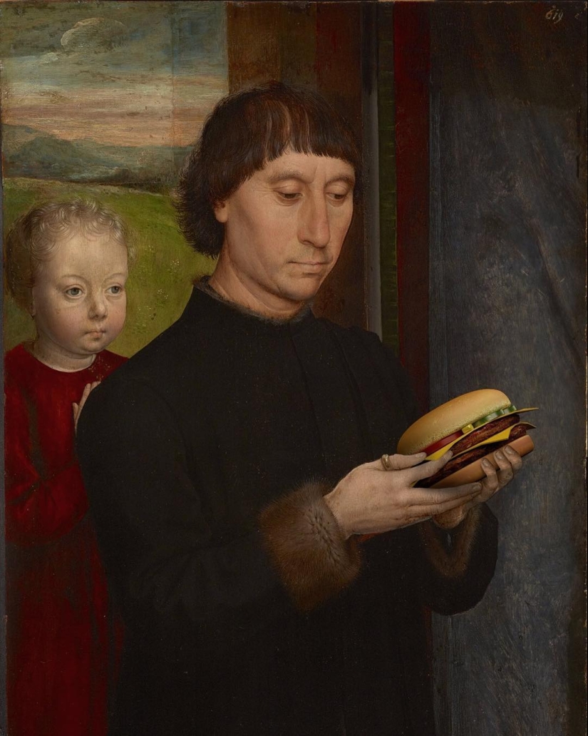 "Your burger, Madonna": the heroes of Renaissance paintings devour mountains of fast food