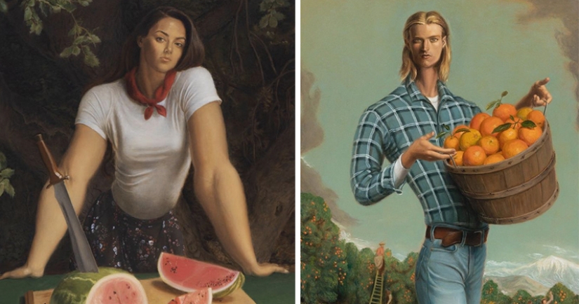 Ironic paintings by Jansson Stegner: massive beauties against thin guys