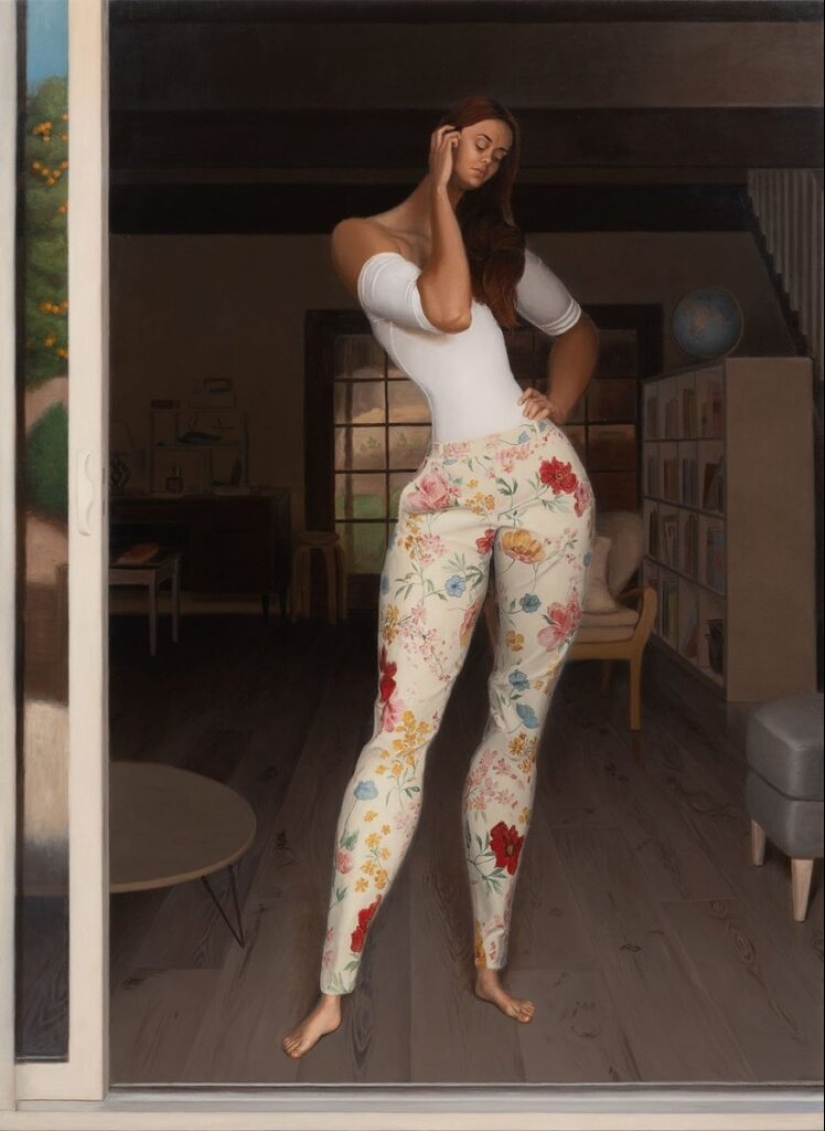 Ironic paintings by Jansson Stegner: massive beauties against thin guys