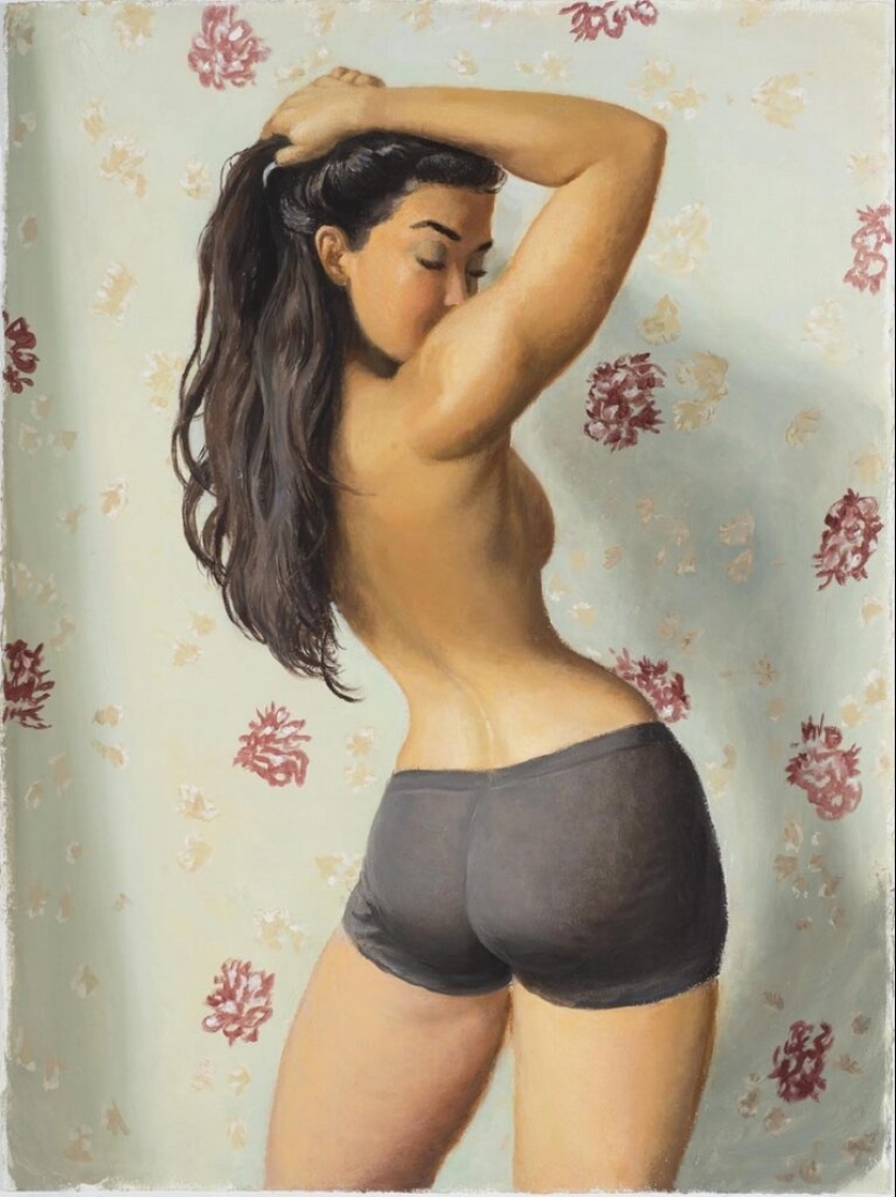 Ironic paintings by Jansson Stegner: massive beauties against thin guys