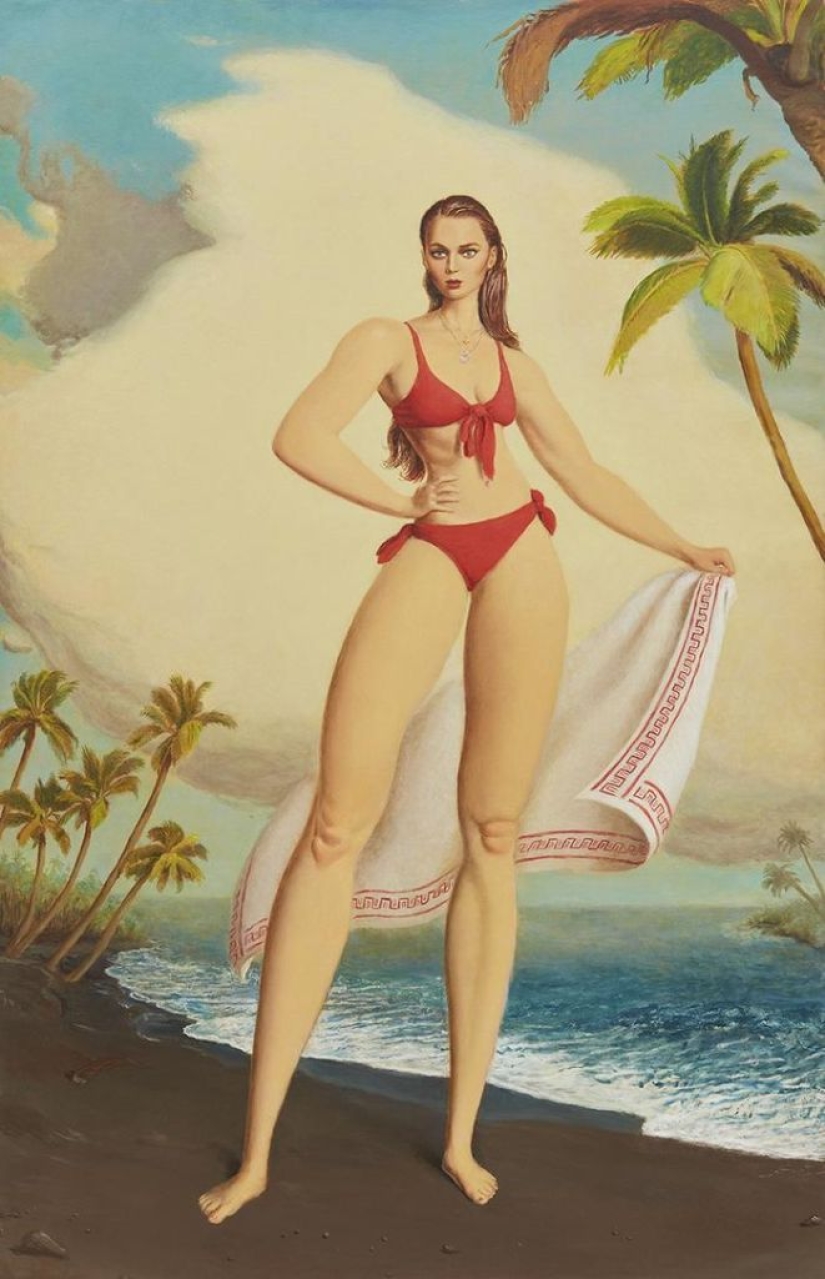 Ironic paintings by Jansson Stegner: massive beauties against thin guys