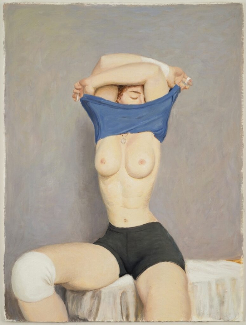 Ironic paintings by Jansson Stegner: massive beauties against thin guys