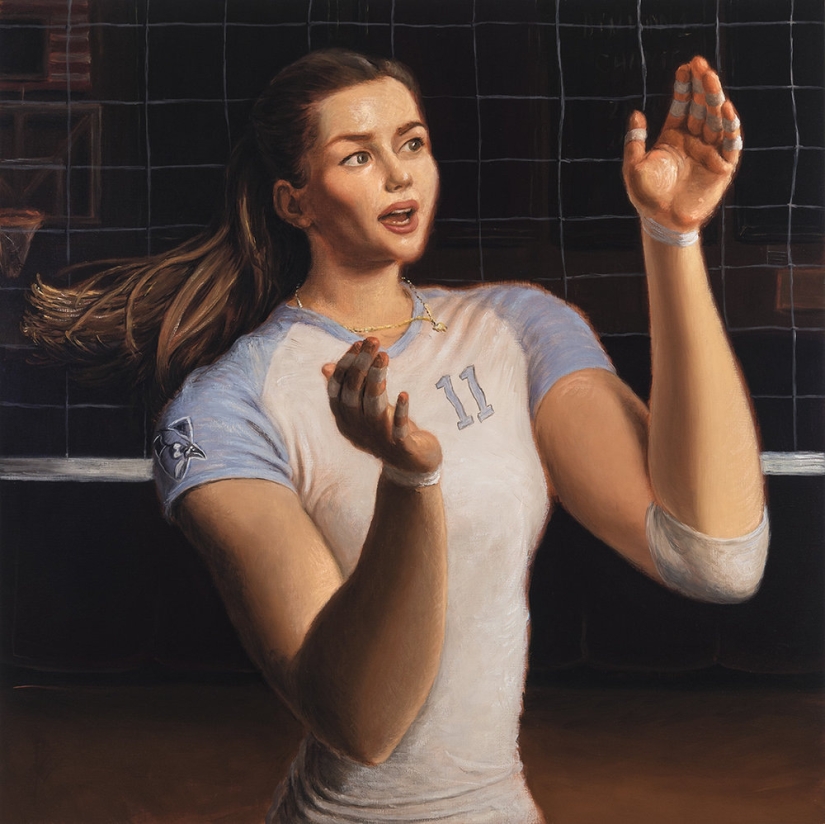 Ironic paintings by Jansson Stegner: massive beauties against thin guys